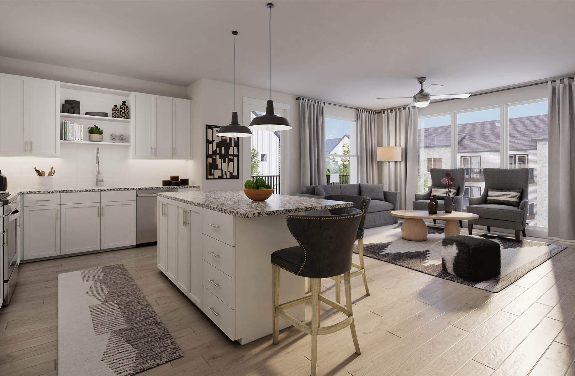 Gin Mill apartment rendering with modern kitchen and comfortable living room.